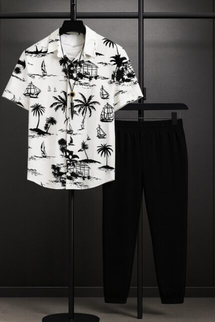 White Beach Men’s Casual Half Sleeve Shirt and Trouser Co-ord Set