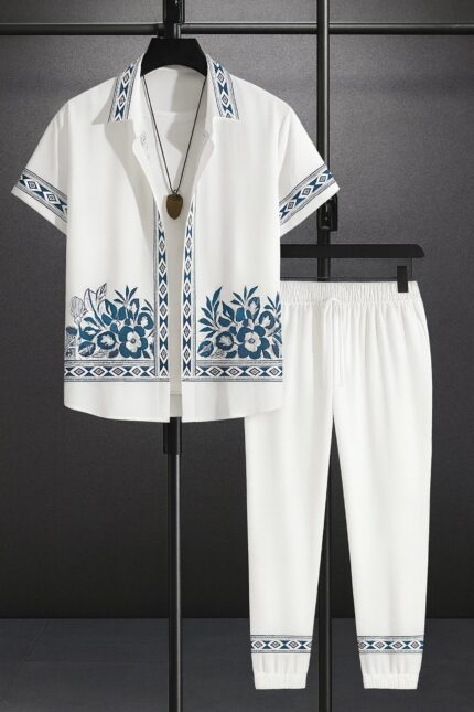White Border Men’s Casual Half Sleeve Shirt and Trouser Co-ord Set