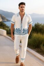 White Border Men’s Casual Half Sleeve Shirt and Trouser Co-ord Set - Image 2