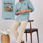 Wildscape Monkey Vista Sky Blue Embroidered Cotton Shirt