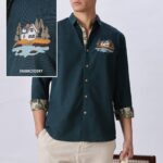 Lakeside Forest Cabin Blue Cotton Scenic Embroidered Shirt