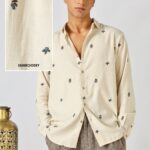 Blueberry Beige Cotton Regular Fit Subtle Embroidered Shirt