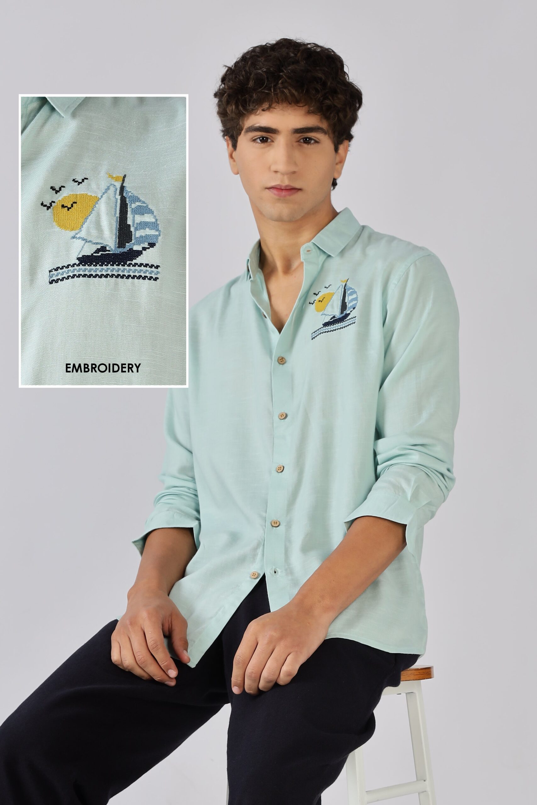 CSP0350-0-scaled-1.jpg Mint Green Sailboat Cotton Nautical Embroidered Shirt - Image 1