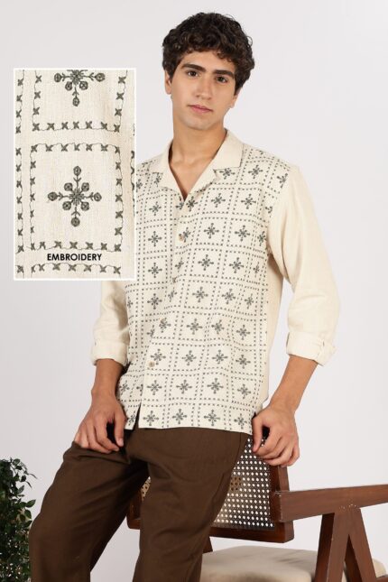 Heritage Grid Beige Cotton Box Fit Embroidered Shirt