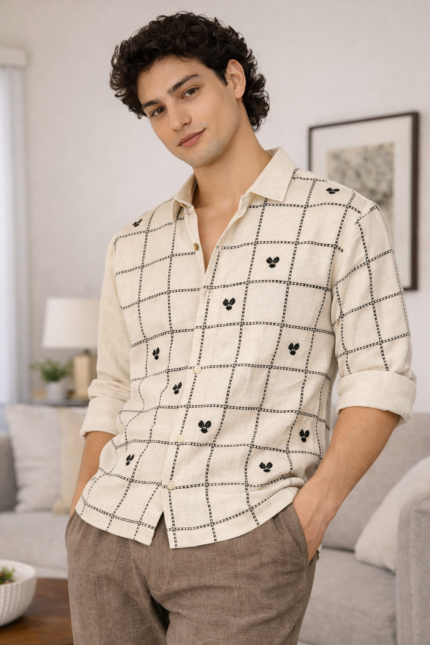 Craftline Beige Cotton Box Fit Premium Embroidered Shirt