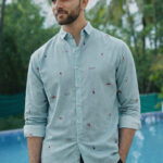 Aqua Beach Motif Sky Blue Embroidered Summer Shirt