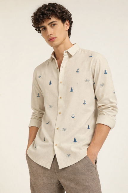 Anchors Aweigh Coastal Inspired Embroidered Cotton Shirt