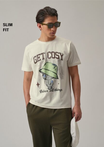 Cream Printed Slim Fit Cotton T Shirt
