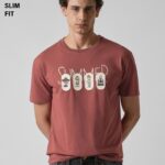 Dusty Rose Printed Slim Fit Cotton T Shirt
