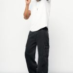 Stonewashed Black Baggy Straight Cargo Jeans for Men
