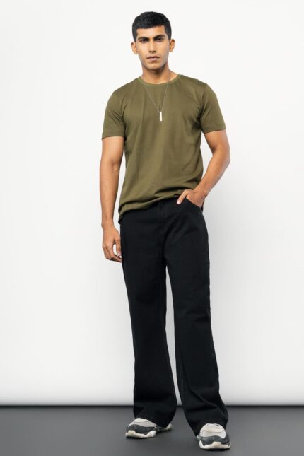 Jet Black Minimal Street Style Relaxed Wide Jeans for Men