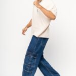 Dense Blue Utility Style Baggy Cargo Denim