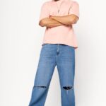 Blue Denim Knee-Slit Oversized Straight Jeans