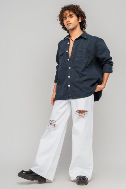 White Vintage Distressed Statement Wide-Fit Denim Jeans