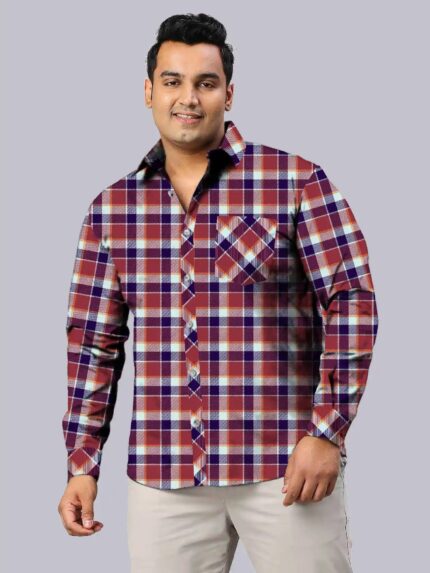 Dark Red Check Pattern Men Plus Size Full Sleeve Shirt