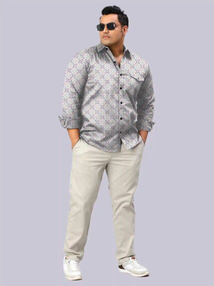 Grey and White Floral Check Men Plus Size Full Sleeve Shirt
