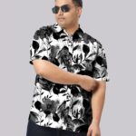 Black and White Floral Print Men Plus Size Half Sleeve Shirt
