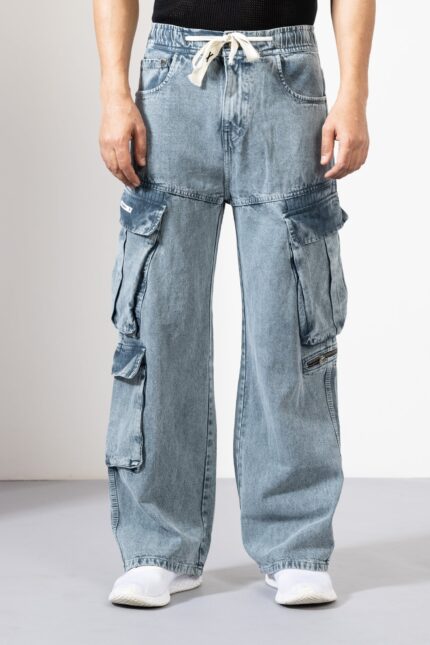 Blue Denim Cargo Pants for Men with Utility Pockets