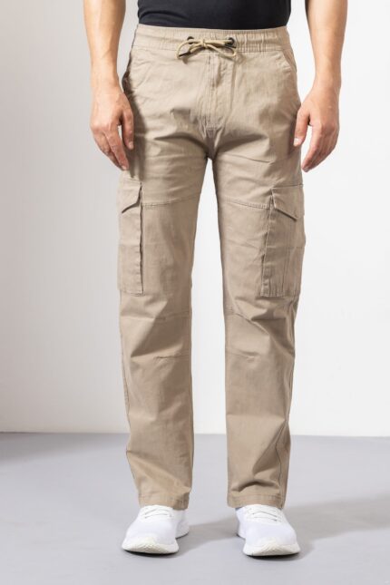 Cream Cotton Cargo Pants for Men with Clean Finish