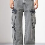 Grey Denim Cargo Pants with Utility Pockets for Men