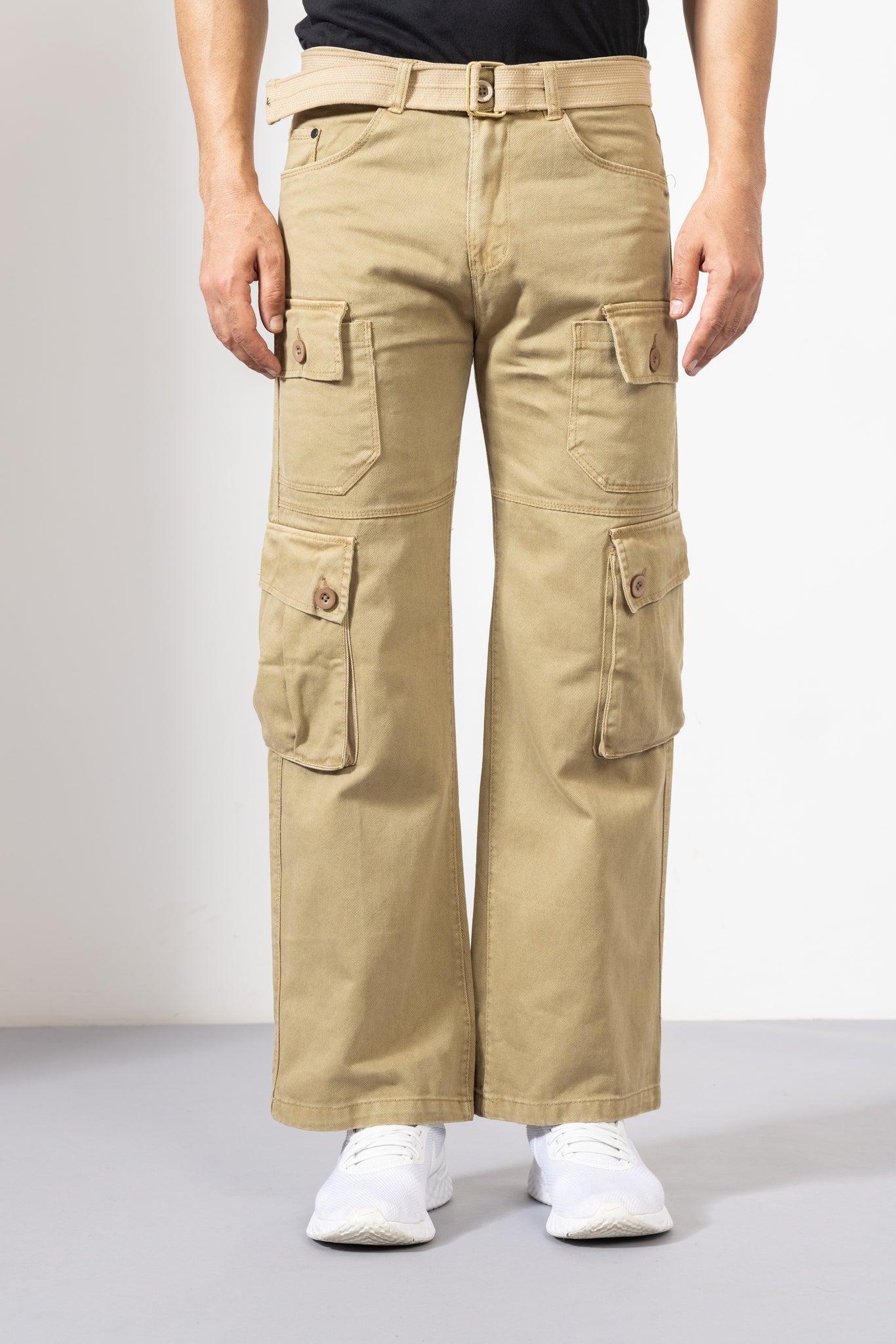 GSCRG8PKTDECBAIG.jpg Beige Cotton Cargo Pants with Multiple Utility Pockets - Image 1