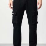 Jet Black Straight-Fit Cargo Style Denim Jeans for Men