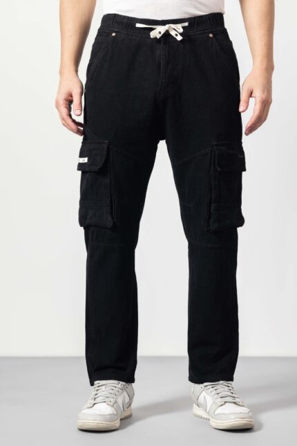 Jet Black Straight-Fit Cargo Style Denim Jeans for Men