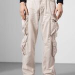 Cream Cotton Cargo Pants for Men with Relaxed Fit
