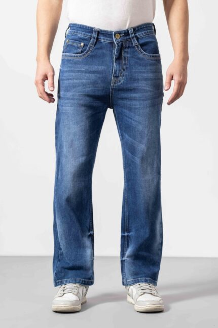 Blue Washed Classic Straight-Fit Denim Jeans for Men