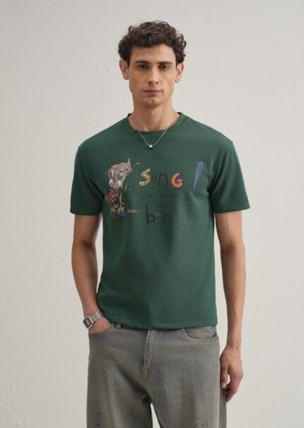Green Printed Crew Neck Cotton T Shirt