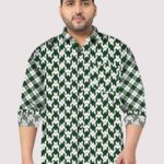 Green and White Small Check Men Plus Size Cotton Shirt