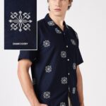 Midnight Crest Blue Cotton Box Fit Luxury Embroidered Shirt