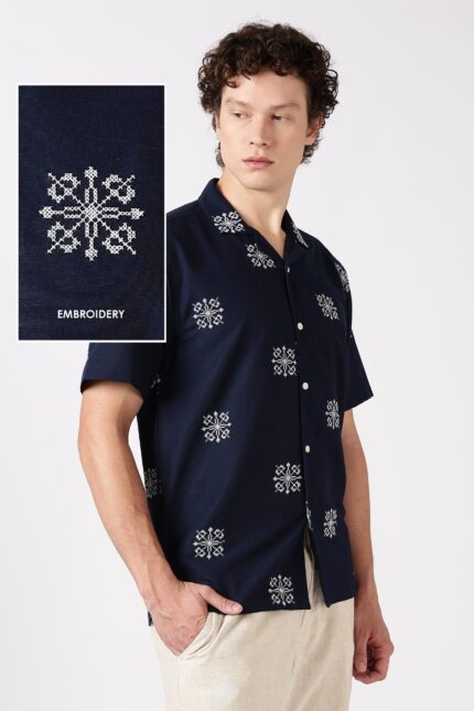 Midnight Crest Blue Cotton Box Fit Luxury Embroidered Shirt