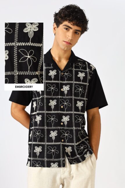 Starlit Petal Cuban Collar Elegant Embroidered Shirt
