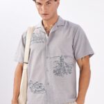 Skyline of Lisboa Cuban Collar Travel Embroidered Shirt