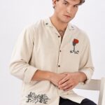 Costa Beige Sahara Box Fit Embroidered Resort Wear Shirt