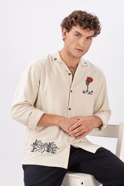 Costa Beige Sahara Box Fit Embroidered Resort Wear Shirt