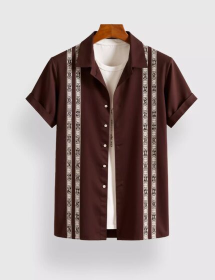 Marron Stripped Designer Men’s Half Sleeves Printed Shirt Exclusive