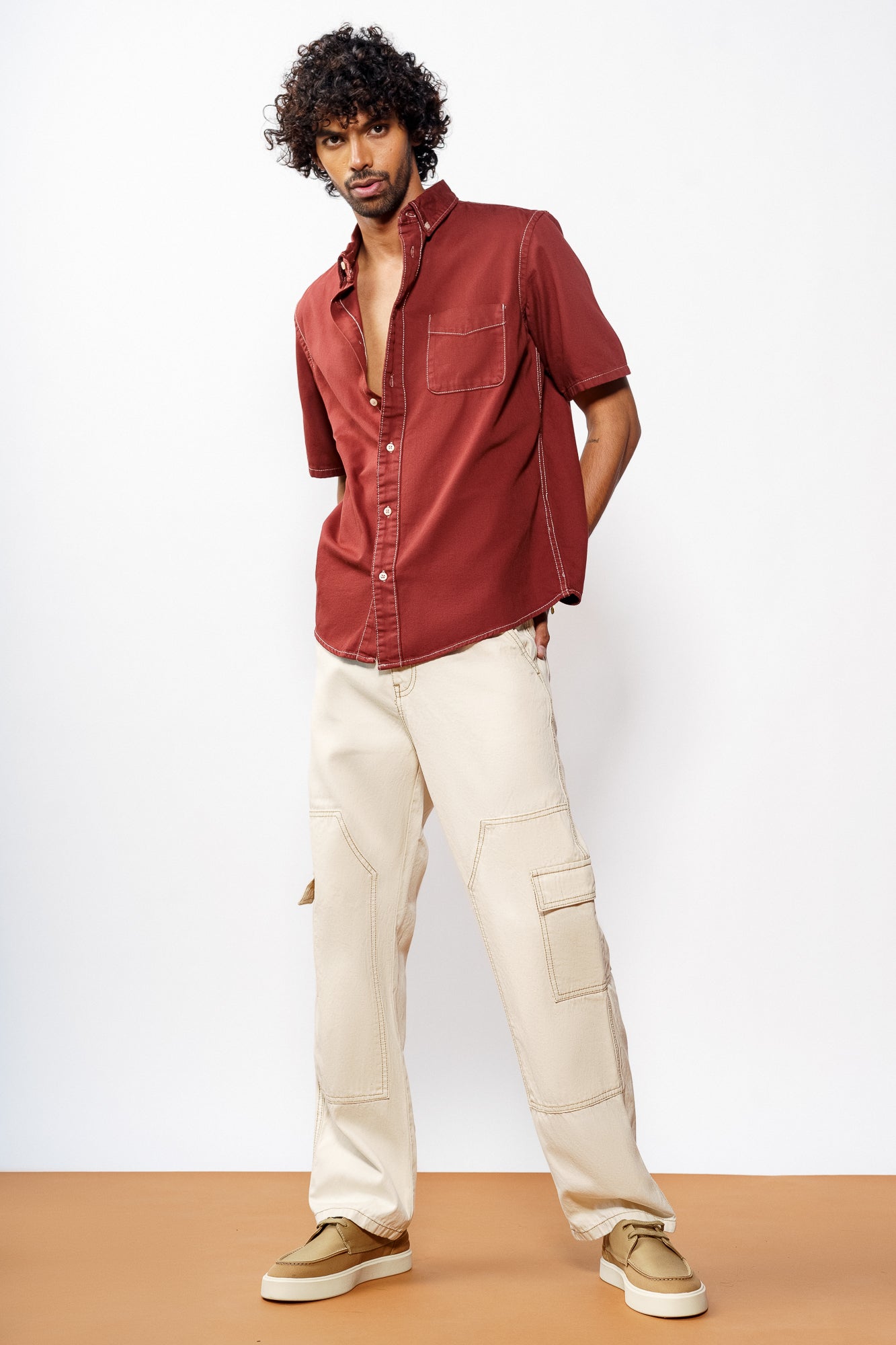 Mens01322-Edit.jpg Classic Ecru Carpenter Pocket Baggy Jeans for Men - Image 1