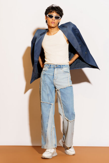Blue Frayed Panel Contemporary Straight-Fit Denim Jeans