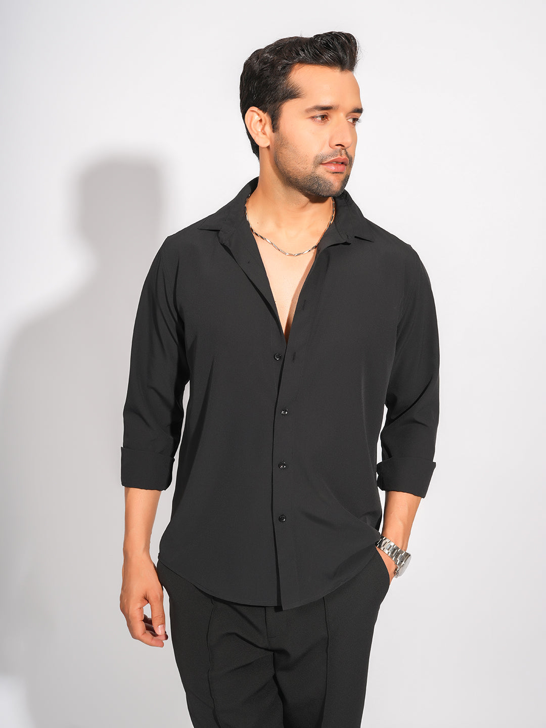 PJSOBK001_1.jpg Black Solid Slim Fit Party Wear Premium Shirt - Image 1