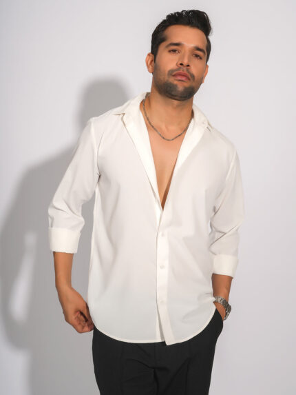 White Solid Slim Fit Party Wear Statement Shirt