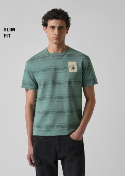 Green Horizontal Stripe Slim Fit Printed T Shirt
