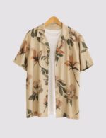 Cream Flower Men’s Half Sleeve Casual Printed Shirt