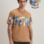 Tan Textured Print Cotton T Shirt