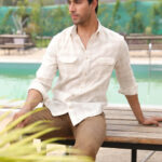 Light Khaki and Cream Checkered Linen Cotton Summer Shirt