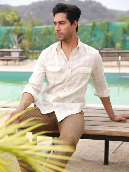 Light Khaki and Cream Checkered Linen Cotton Summer Shirt