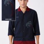 Midnight in Majorda Palm Embroidered Shirt with Wine Collar
