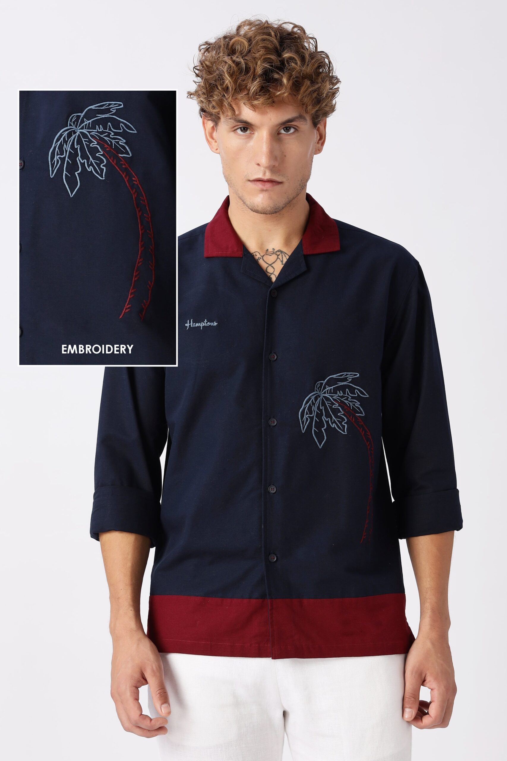 WEBSITECUTOUT-scaled-1.jpg Midnight in Majorda Palm Embroidered Shirt with Wine Collar - Image 1