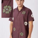 Wine Bloom Cuban Collar Floral Embroidered Shirt